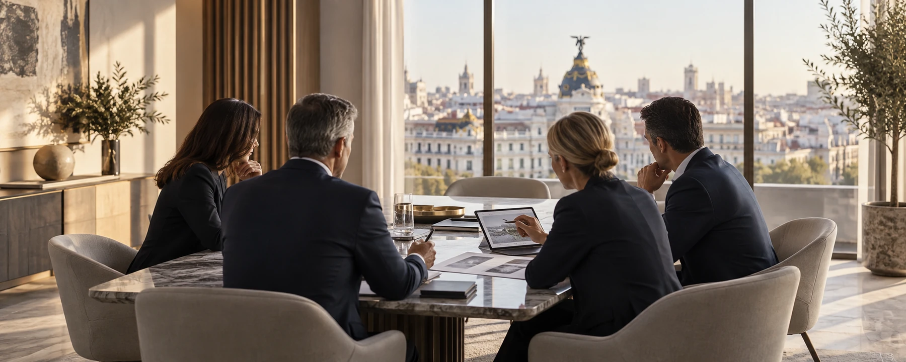 Professionals reviewing an opportunity during a private business meeting in Madrid